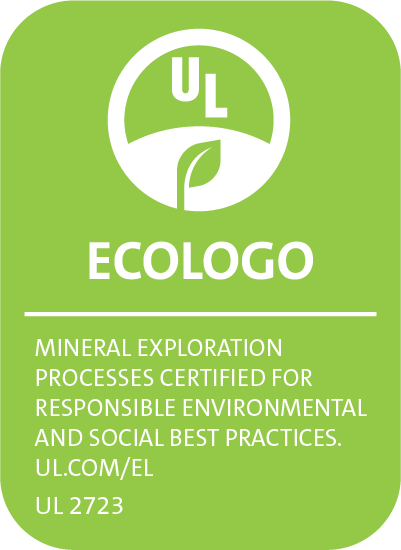 Green UL ECOLOGO tag with mention: Mineral exploration processes certified for responsible environmental and social best practices. UL.com/EL UL 2723