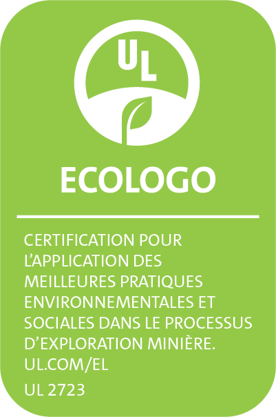 UL ECOLOGO - Certification pour l'application des meilleures pratiques environnementales et sociales dans le processus d'exploration minière. UL.COM/EL UL 2723